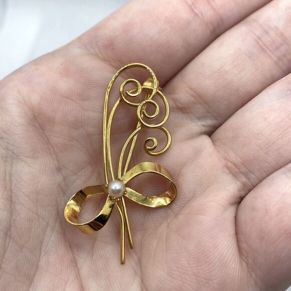 💛 Vintage Gold Plated Pearl Brooch - Picture 3 of 5